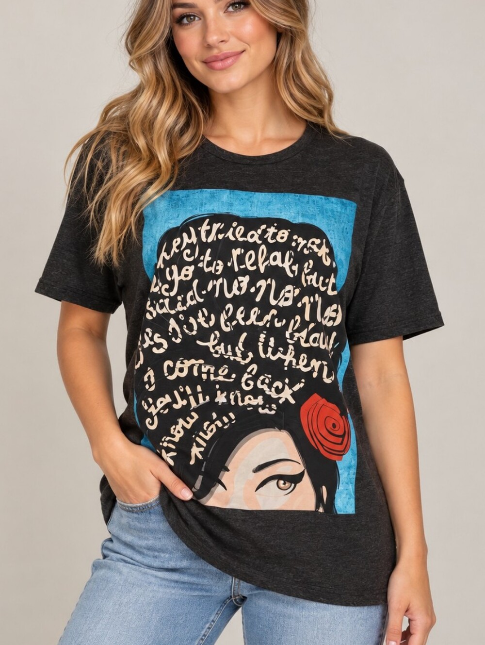 E1 SYNDICATE Charcoal Amy Winehouse Rehab Graphic Panel Short-Sleeve Tee